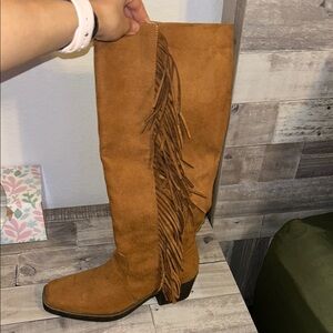 Source Unknown Tan Over the Knee Fringe Boots